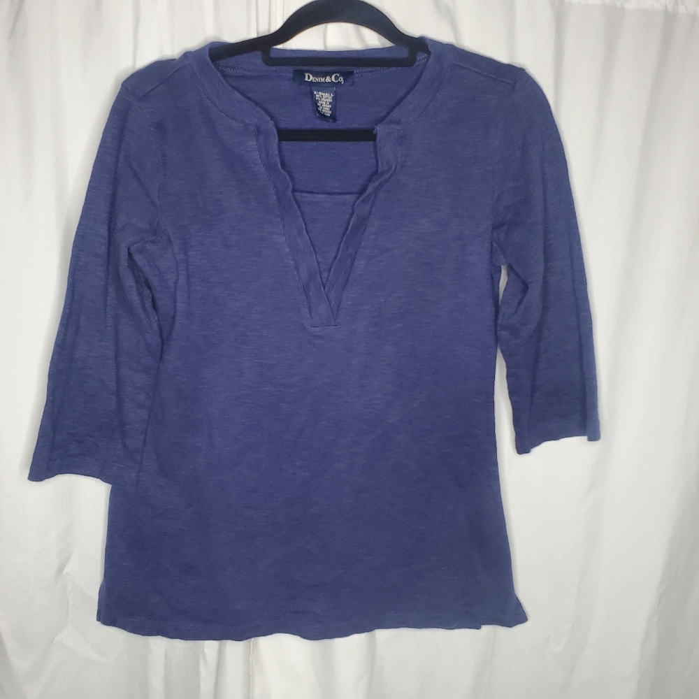 ♧ Denim & Co Blue Cotton V-Neck Pullover Top Size XS